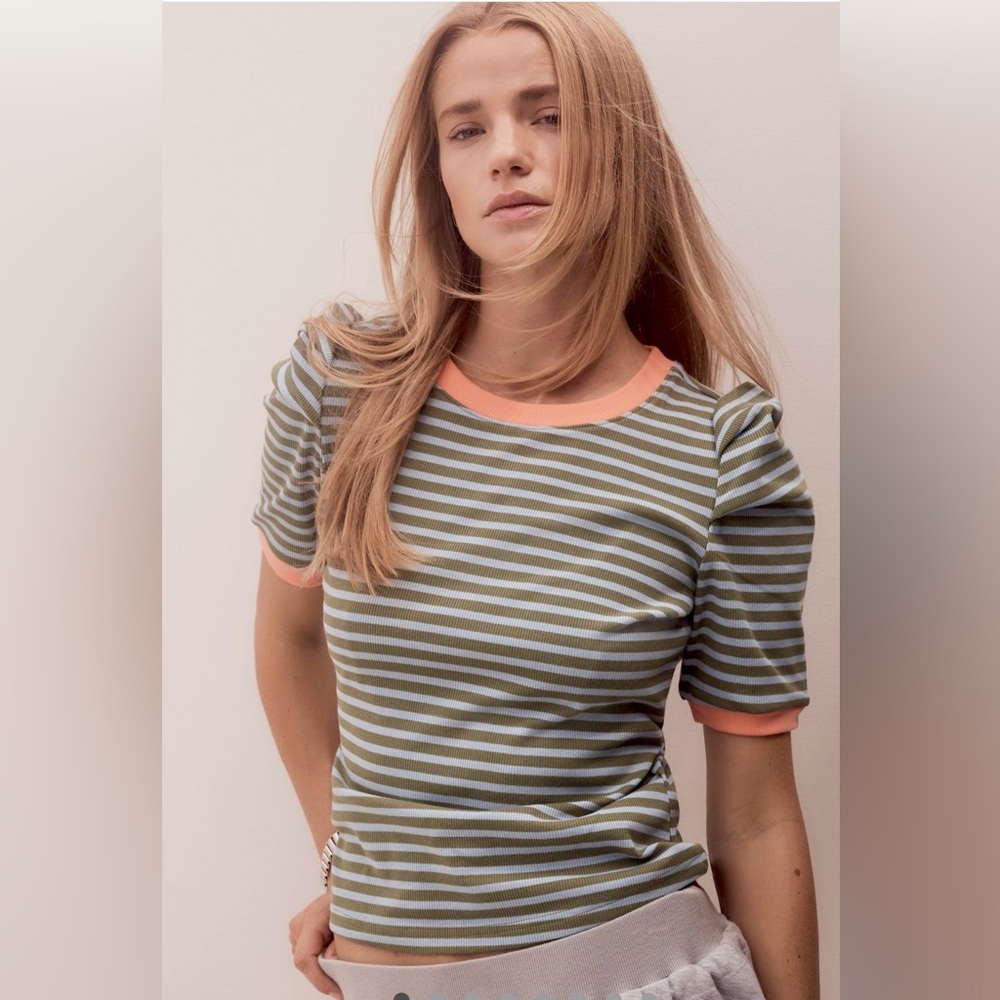 Anthropologie Maeve Striped Puff Sleeve Top Guacamole XS NWT